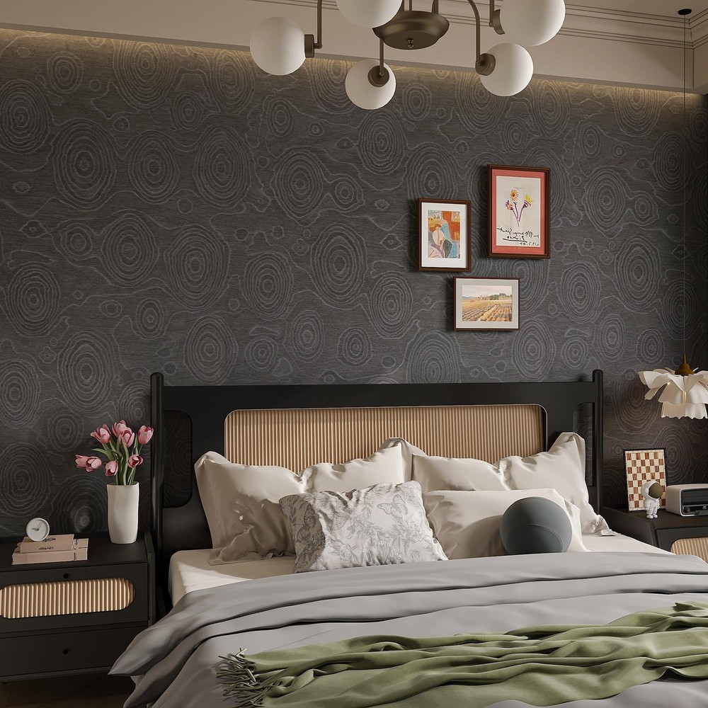 16″x354″ Dark Grey Peel and Stick Wallpaper Growth Rings Wood Textured Contac…