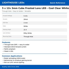 5 x 12v 3mm Cube Frosted Lens LED – Cool Clear White LED – Ultra Bright (5v-15v)