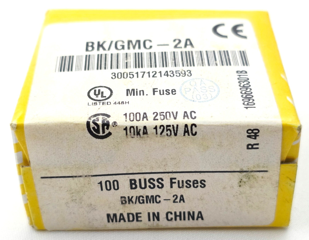 Box of 100 Bussmann GMC2 250 Volt 2 Amp Slow Blow 5mm x 20mm Glass Fuses