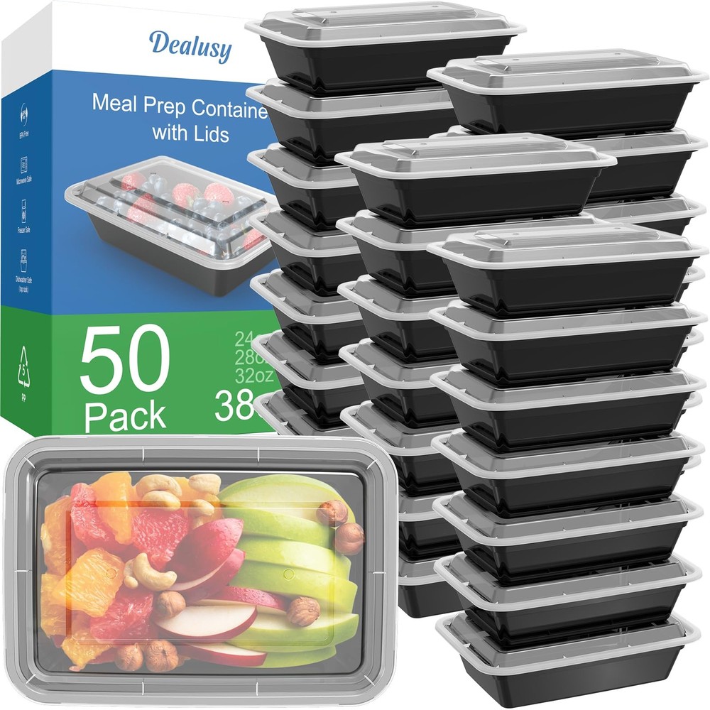 Dealusy 50 Pack (100-Piece) 38 oz Meal Prep Containers Reusable 38 oz, Black