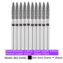 10/Pk Dental Flame Diamond Burs 862-014SC FG Super Coarse Grit Friction Grip