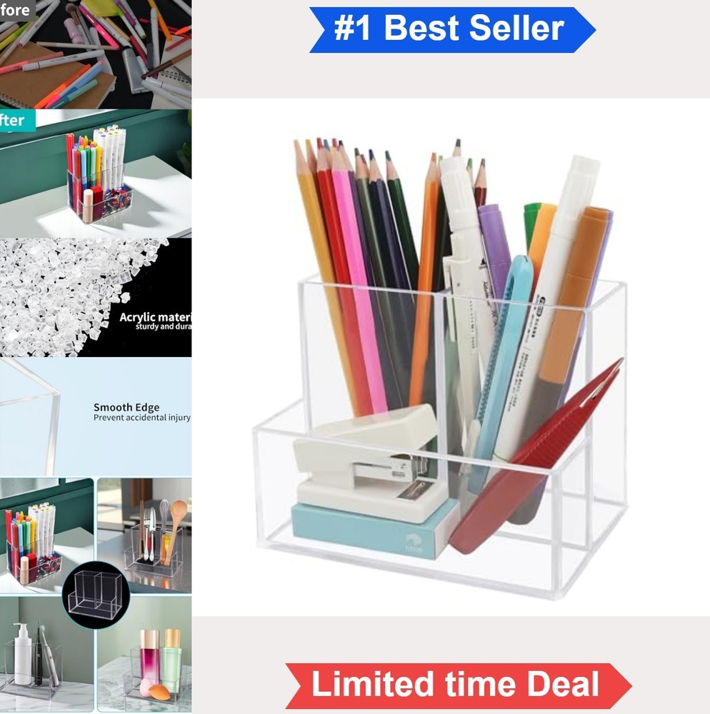 Acrylic Pen Holder 3 Compartments Desk Organizer Clear Pencil Holder for Office