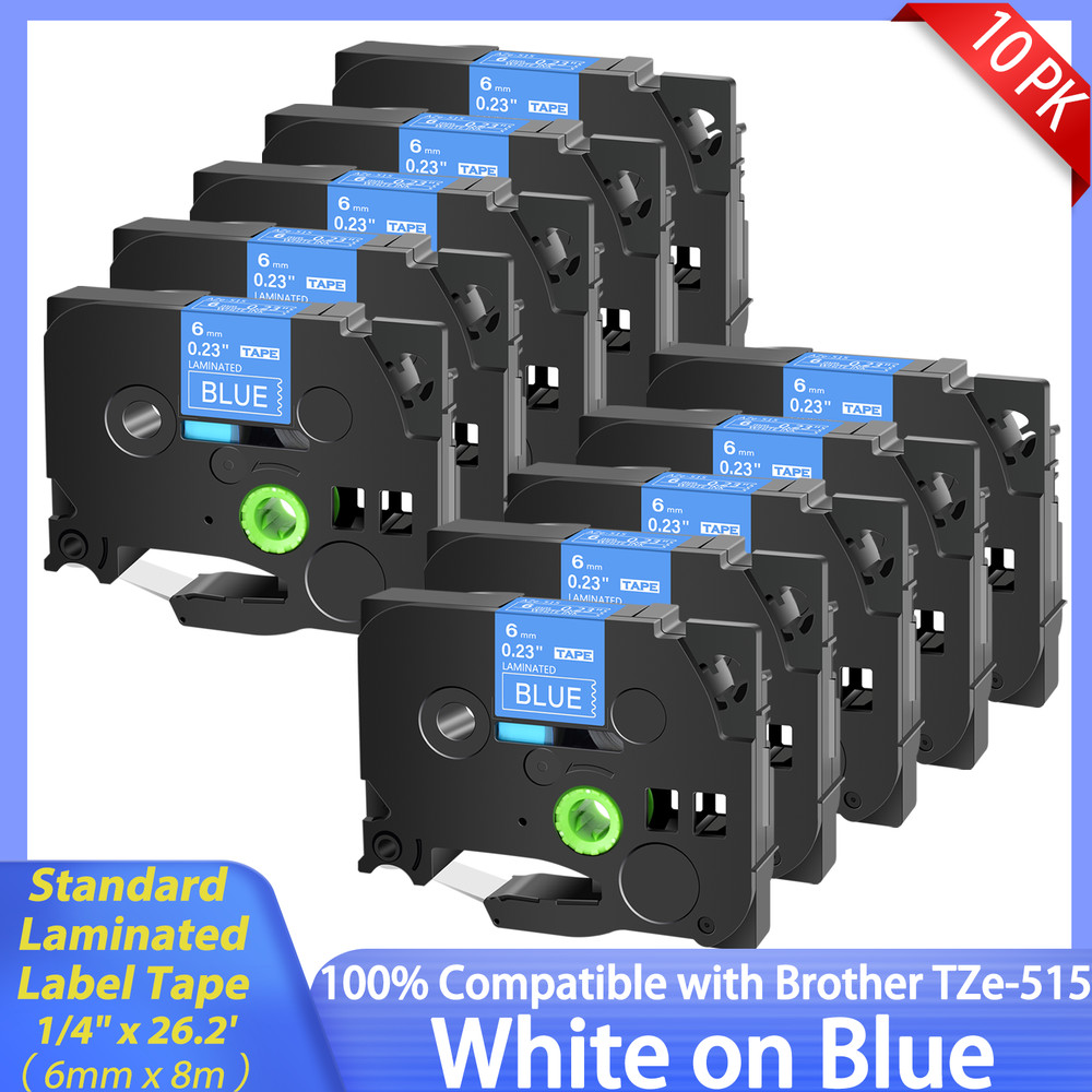 10x TZe-515 TZE 515 White on Blue 6mm Label Tape Fit For Brother PT-D200DA