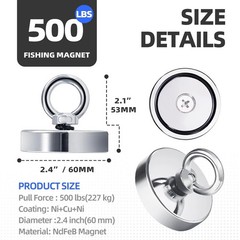Magnet Fishing Kit 2.4″60 mm 500lb+, Big Strong Rare Earth Fish Magnets Heavy…
