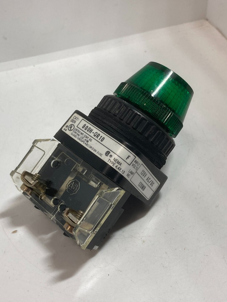 ALLEN BRADLEY 800H-QR10G PILOT LIGHT GREEN 120VAC/DC FULL VOLTAGE SERIES F