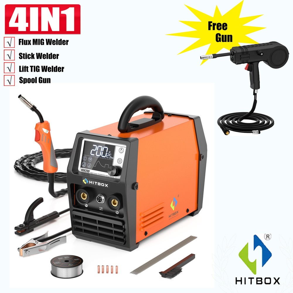 HITBOX 4 IN 1 Gasless MIG Welder Stick LIFT TIG Welding Machine &10ft Spool Gun