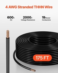 VEVOR 4 AWG THHN Wire 19-Stranded Black Copper Building Wire Nylon Jacket 175 ft