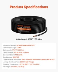VEVOR 4 AWG THHN Wire 19-Stranded Black Copper Building Wire Nylon Jacket 175 ft
