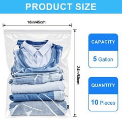 10 Pack 18×24 Inch Large Plastic Storage Bags 5 Gallon Jumbo Size Zip Bag