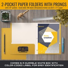 Better Office Products Dark Yellow 2 Pocket Folders with Prongs, 50 Pack, Let…