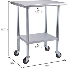 ROCKPOINT Stainless Steel Table for Prep & Work with Caster 30×24 Inches, NSF Me
