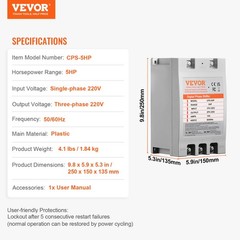 VEVOR 5HP Digital Phase Shifter 15A 220V Single Phase to 3 Phase Converter