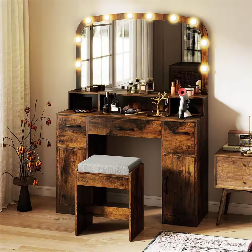 2-Piece Rustic Brown Makeup Vanity Set with Large Mirror 3-Color Lights for Bedr