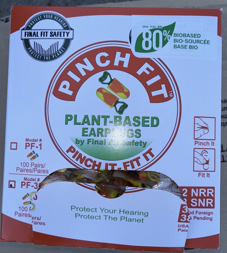 Pinch Fit Plant-Based 32 NRR 80% Bio Based Earplugs PF-30 100 pairs NEW!