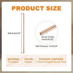 3mm OD x 1mm Wall Thickness x 300mm(11.8″) Length Copper Round Tube(Pack of 2)