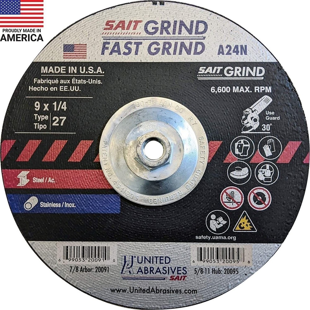 United Abrasives-SAIT 20095 A24N Fast Grinding Wheel 9″ x 1/4″ x 5/8-11″ Type 27