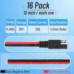 2 or 16 Pack SAE Connector 12 Inch 14 AWG Copper Wire 2 Pin Single Plug Connecto