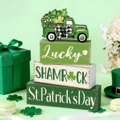 4 Pcs St Patrick’s Day Table Decorations Green Shamrocks Wooden Signs Block Fa