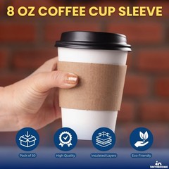 Coffee Cup Sleeves 8 oz, Disposable Insulated Kraft Paper (50-Pack)