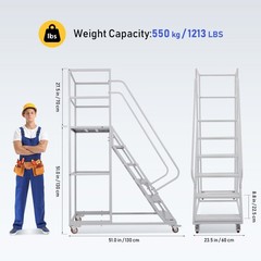 6 Step Rolling Ladder for Industrial & Warehouse w/ Handrails & 4 Lockable Wheel
