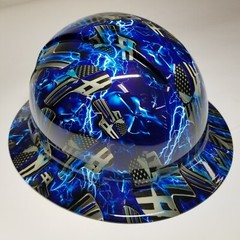 full brim hard hat custom hydro dipped IN BLUE LINE ICE SKULLS BLUE LIGHTNING