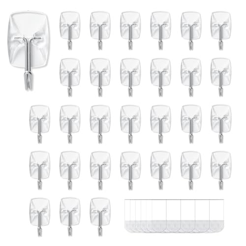 30 Small Hooks+40 Removable Strips, Clear Wire Utility Hooks with Adhesive