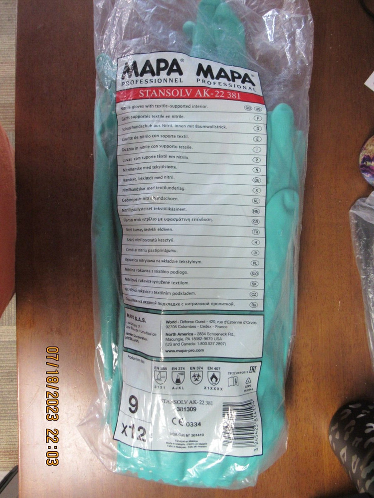 12 pair MAPA Stansolv 381 AK-22 gloves Size 9