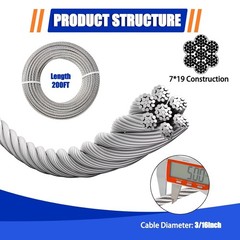 3/16 Stainless Steel Wire Rope 200ft 7×19 Aircraft Cable 3700lb Zipline Railing