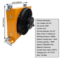 DC12V 84W Hydraulic Oil Cooler 65L/min Flow Aluminum Radiator 1.8KW Capacity