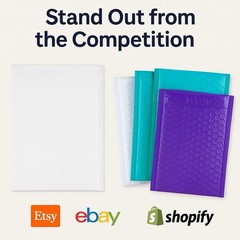 100 4×8 Color Bubble Mailers White Blue Teal Purple + 100 Thank You Stickers