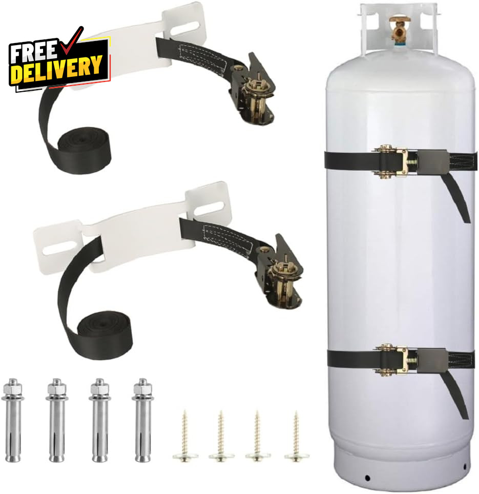 Wall Mounted Propane Tank Holder Brackets with Ratchet Straps White Set of 2…