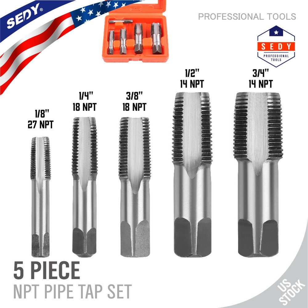 5 Pieces NPT Taper Pipe Tap Set 1/8″ 1/4″ 3/8″ 1/2″ and 3/4″ With Case SAE Inch