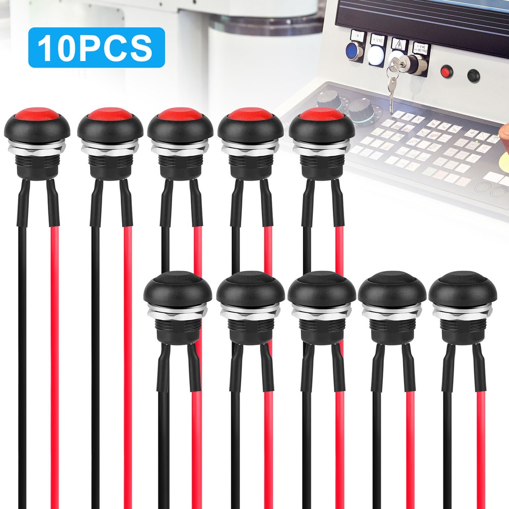 10pcs SPST 12mm Momentary Push Button Switch Waterproof 2 Pin 250V w/ Pre-Wired