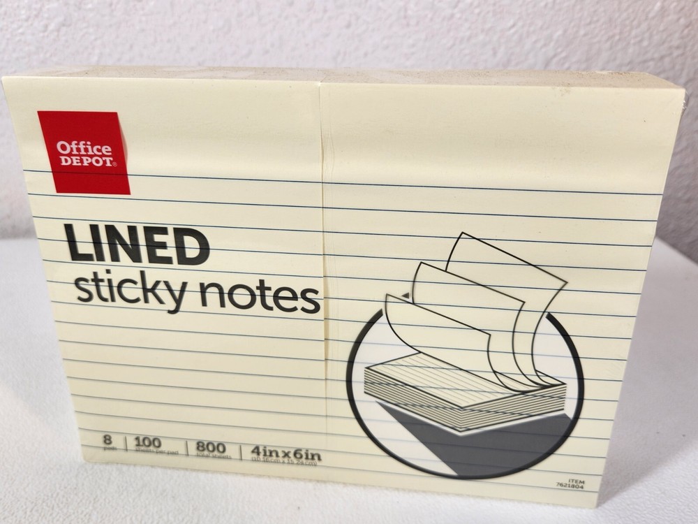 Office Depot Lined Sticky Notes 8 Pack 100 Sheets/Pack 4″ x 6″ Pastel Yellow