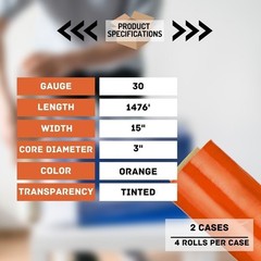8 Rolls – Orange 15″ x 1476′ Packing Pre-Stretch Hand Shrink Wrap Film 30 Gauge