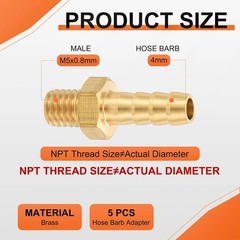 5 Pack Brass Hose Barb to Male Adapter, 4Mm Barb X M5X0.8Mm Male for Industrial