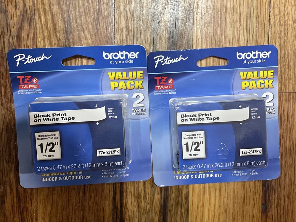 (2) Brother TZe-2312PK 12mm Black on White Tape Value Pack 4 Tapes