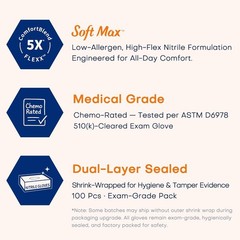 Medical Soft Max Nitrile Exam Gloves, 100 Count Latex-Free Powder-Free Non-St…