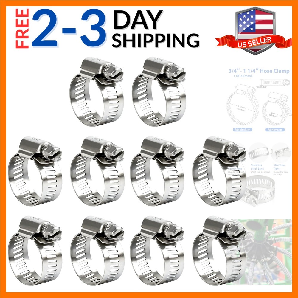 Hose Clamp 1 1/4 Inch, 10 Pieces Stainless Steel Hose Clamps for 3/4″ to 1-1/…