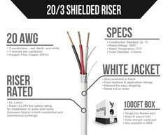 Voltive 20/3 Shielded Low Voltage Wire, Riser CL3R, White, 1000Ft – 20AWG, 3 Con