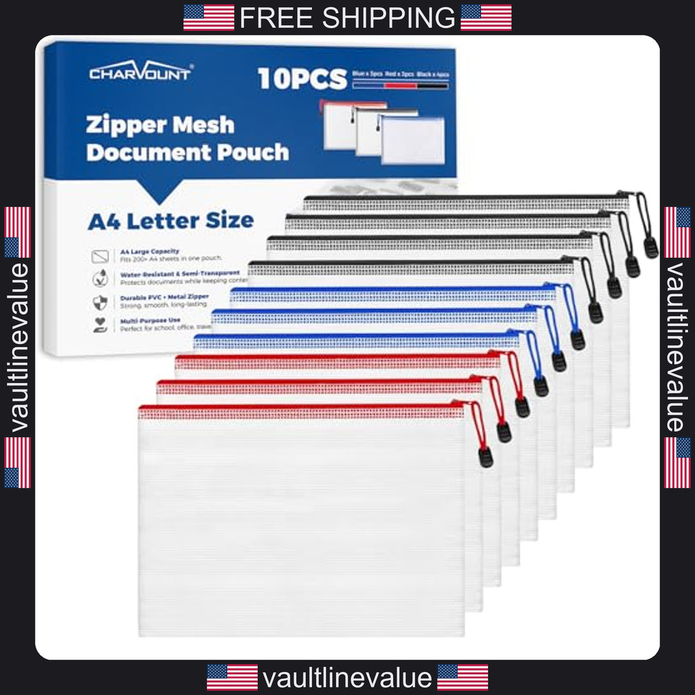 Charmount A4 Mesh Zipper Pouch Bags 10 Pack Waterproof Plastic Document