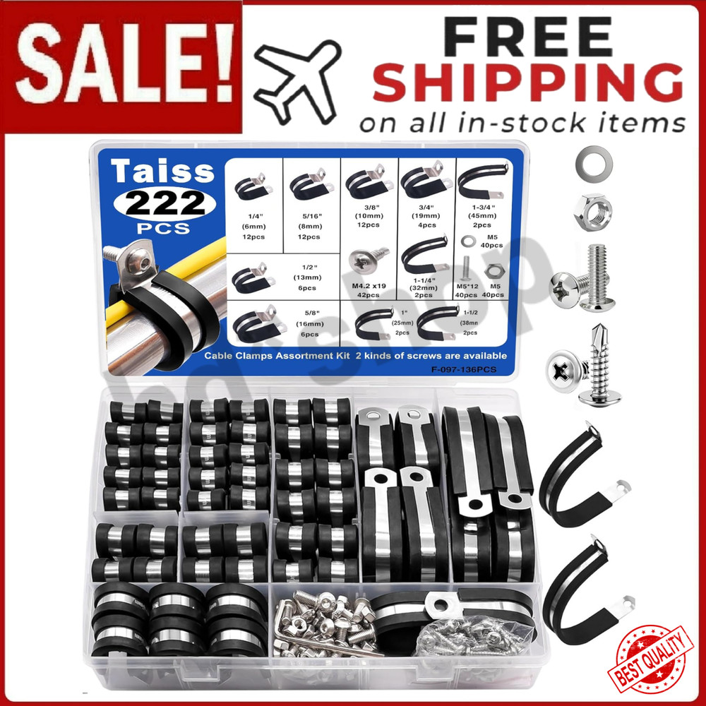 222 PCS Cable Clamps Assortment Kit 304 Stainless Steel Rubber Cushion Pipe Clam