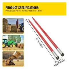 VEVOR 2Pcs Hay Bale Spear 49″ 4500 lbs Capacity Spike Fork for Tractors Loaders