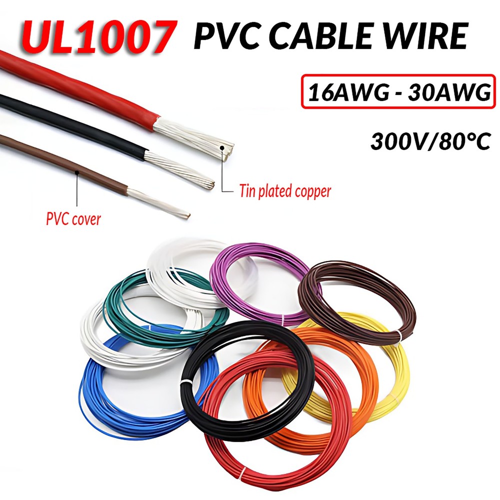 16~30AWG UL1007 Electrical PVC Cable Equipment Wire AWM Copper Tinned 80°C 300V