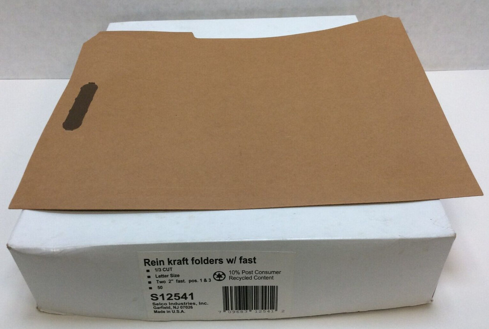 Selco S12541 Rein Kraft Folders, 1/3 Cut, 2 Fasteners, Letter, 50ct Box