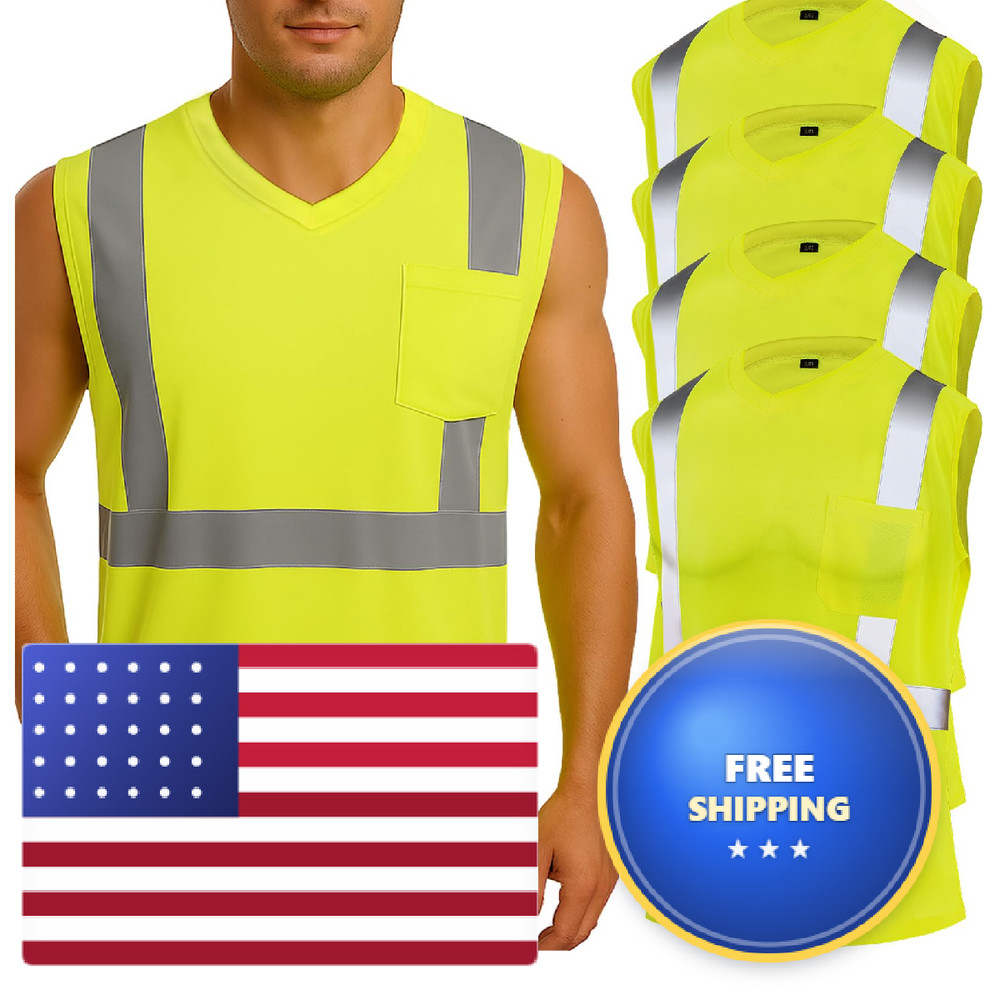 Amylove Lime 4 Pcs Hi Vis Sleeveless Reflective Shirt For Men Class 2