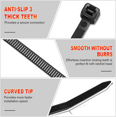 Heavy-Duty Black Cable Zip Ties, 1200 Pcs, 14 Inch, 50Lb Strength