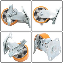 4 Pcs 4″ Side Brake Polyurethane Plate Casters, 3200 Pounds, Silver + Qrange