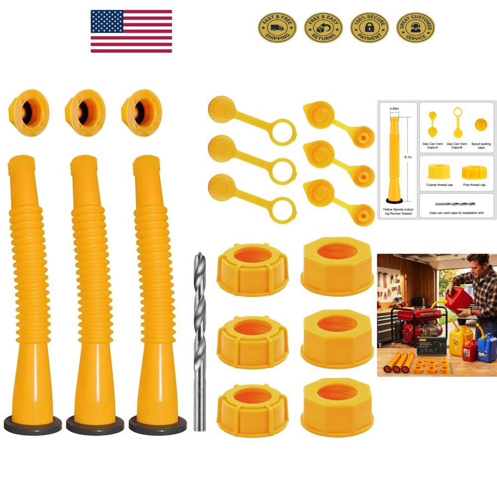 Easy Install Gas Can Spout Kit – 3 Nozzle Systems in Yellow for 1-10 Gallons