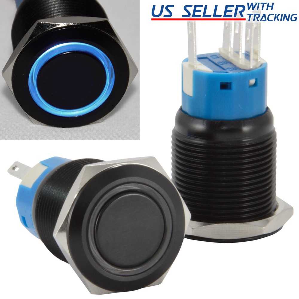 19mm Stainless Steel Latching Push Button Switch (Black with Blue LED)